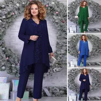 3 шт./компл. женский летний костюм с v-образным вырезом, модная длинная рубашка с вышивкой, топ и брюки, комплект из 3 предметов, повседневный свободный комплект одежды больших размеров, уличная одежда 4XL темно-синий