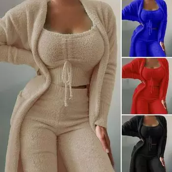 3 шт./компл., женский пижамный комплект, сплошной цвет, короткие плюшевые топы, низкий вырез, домашняя одежда, сохраняющая тепло, карманы, круглый вырез, длинные пальто, брючный костюм S чёрный