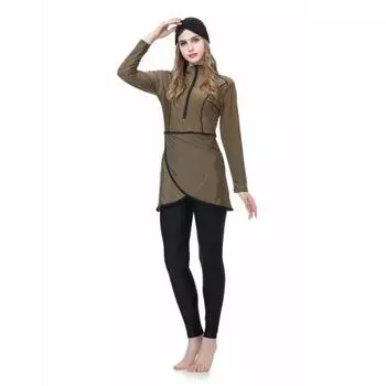 3 шт./компл. Женский раздельный купальник с передней юбкой, надежной застежкой-молнией, защитой от УФ-лучей, топы, комплект длинных брюк для плавания с головным платком S