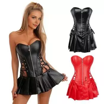 3 шт./компл. женский сексуальный наряд бандо с застежкой-молнией сбоку искусственный корсет на шнуровке, топы, юбка, кожаные трусы-конькобежцы, комплект S