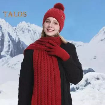 3 шт./компл. женский зимний теплый комплект плюшевая вязаная шапка бини однотонный шарф с текстурой кручения флисовая подкладка перчатки комплект термоподкладка шапка комплект розовый