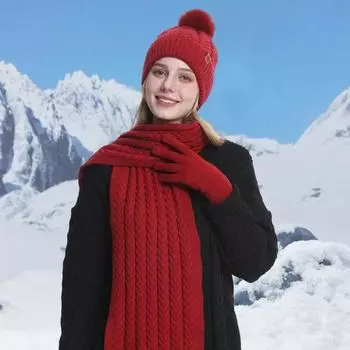 3 шт./компл. женский зимний теплый комплект плюшевая вязаная шапка-бини однотонная твист красный