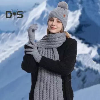 3 шт./компл. женский зимний теплый комплект плюшевая вязаная шапка бини однотонный шарф с текстурой кручения флисовая подкладка перчатки комплект термоподкладка шапка комплект красный