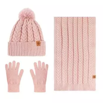 3 шт./компл. женский зимний теплый комплект плюшевая вязаная шапка бини однотонная твист текстура бежевый