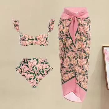 3 шт./компл. женское летнее бикини с пляжной прикрытой юбкой в богемном стиле, бюстгальтер-бандо с рюшами и рукавами, высокая талия S синий