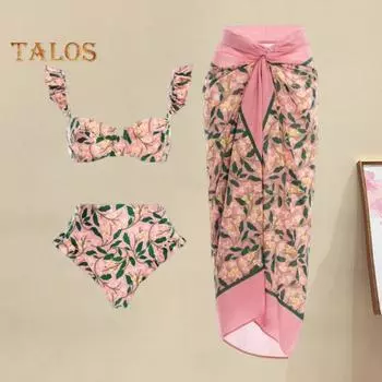 3 шт./компл., женское летнее бикини с пляжной юбкой-прикрытием, богемный стиль, бюстгальтер-бандо с рюшами и рукавами, трусы для плавания с высокой талией, комплект на шнуровке L темно-синий