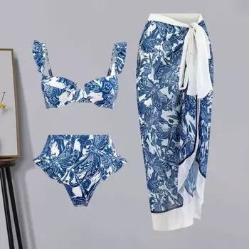 3 шт./компл., женское летнее бикини с пляжной юбкой-прикрытием, богемный стиль, бюстгальтер-бандо с рюшами и рукавами, трусы для плавания с высокой талией, комплект на шнуровке XL зелёный