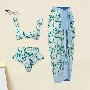 3 шт./компл., женское летнее бикини с пляжной юбкой-прикрытием, богемный стиль, бюстгальтер-бандо с рюшами и рукавами, трусы для плавания с высокой талией, комплект на шнуровке XL зелёный