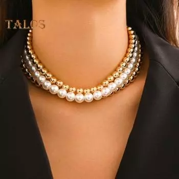 3 шт./компл. женское ожерелье, гладкий многослойный искусственный жемчуг, регулируемая длина, украшение из нержавеющей стали на шею, ювелирные изделия, подарок на день рождения, колье для выпускного вечера золотистый