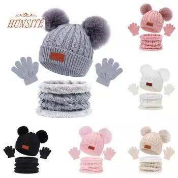 3 шт./компл., зимняя детская шапочка, комплект перчаток с шейным платком, плюшевый декор в виде шариков, вязаная шапка, утолщенный шарф, комплект однотонных перчаток красный