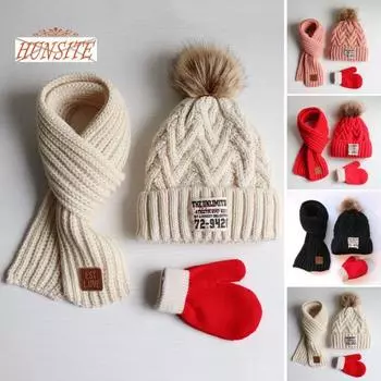 3 шт./компл., зимняя шапка, шапка, шарф, перчатки, детский сплошной цвет, декор из плюшевых шариков, декор варежек с логотипом, комплект шарфов, зимний подарок Large красный