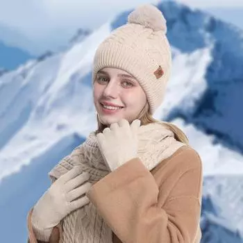 3 шт./компл. Зимняя шапка, шарф, перчатки, комплект для женщин, плюшевая шапка-бини, декорированная мячом, вязаный длинный шарф, перчатки для сенсорного экрана, комплект с плюшевой подкладкой и текстурой с переплетением, теплый комплект