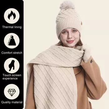 3 шт./компл. зимняя шапка шарф перчатки комплект женский плюшевый мяч декор шапка вязаный длинный шарф кремовый