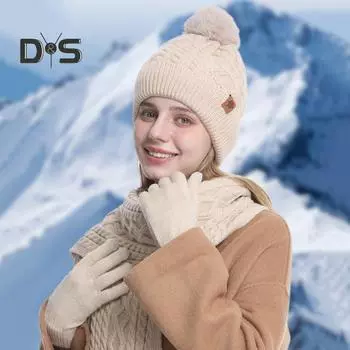 3 шт./компл. Зимняя шапка, шарф, перчатки, комплект для женщин, плюшевая шапка-бини, декорированная мячом, вязаный длинный шарф, перчатки для сенсорного экрана, комплект с плюшевой подкладкой и текстурой с переплетением, теплый комплект чёрный