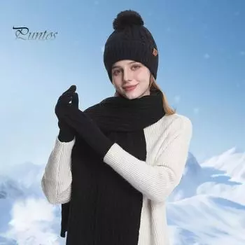 3 шт./компл. Зимняя шапка, шарф, перчатки, комплект для женщин, плюшевая шапка-бини, декорированная мячом, вязаный длинный шарф, перчатки для сенсорного экрана, комплект с плюшевой подкладкой и текстурой с переплетением, теплый комплект молочный белый