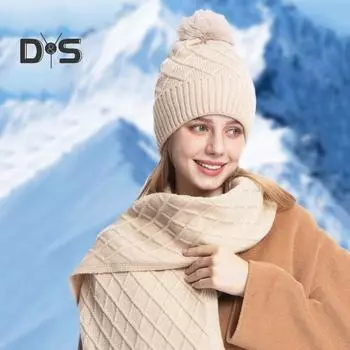 3 шт./компл. Зимняя шапка, шарф, перчатки, комплект, женская плюшевая шапка-бини с декором в виде мяча, вязаный длинный шарф, перчатки для сенсорного экрана, комплект, ромбовидная текстура, плюшевая подкладка, теплый комплект чёрный