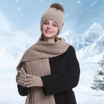 3 шт./компл. зимняя шапка шарф перчатки комплект женский плюшевый мяч декор шапка вязаная чёрный