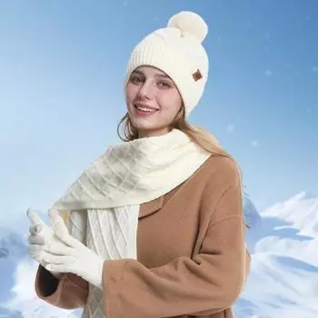 3 шт./компл. зимняя шапка шарф перчатки комплект женский плюшевый мяч декор шапка вязаная кремовый