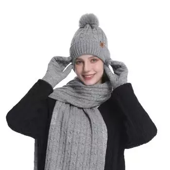 3 шт./компл. зимняя шапка шарф перчатки комплект женский плюшевый мяч декор шапка вязаный длинный шарф красный