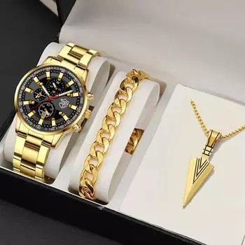 3 шт./комплект 1 шт. Модные повседневные мужские кварцевые часы с календарем и ремешком из нержавеющей стали, 1 шт. Мужской браслет, 1 шт. Мужское ожерелье