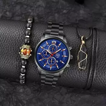 3 шт./комплект 1 шт. Мужские кварцевые часы из нержавеющей стали, 1 шт. Мужской браслет, 1 шт. Мужское ожерелье