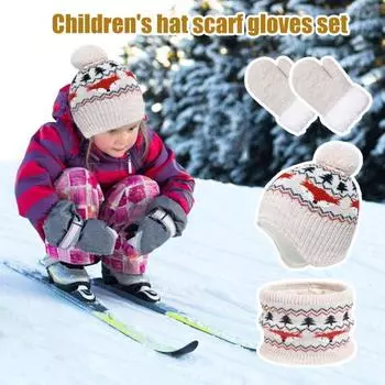 3 шт./комплект детская шапка шея основа перчатки комплект утолщенный лисий принт вязаный противоскользящий темно-синий