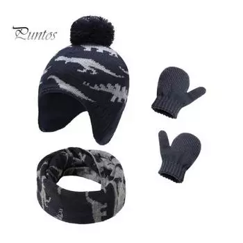 3 шт./комплект, детские перчатки для шапки и шеи, утолщенные вязаные с принтом, нескользящие, сохраняющие тепло, ветрозащитные, сохраняющие тепло, для девочек и мальчиков, перчатки для шарфа на открытом воздухе зелёный