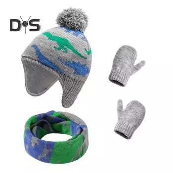 3 шт./комплект, детские перчатки для шапки и шеи, утолщенные вязаные с принтом, нескользящие, сохраняющие тепло, ветрозащитные, сохраняющие тепло, для девочек и мальчиков, перчатки для шарфа на открытом воздухе синий