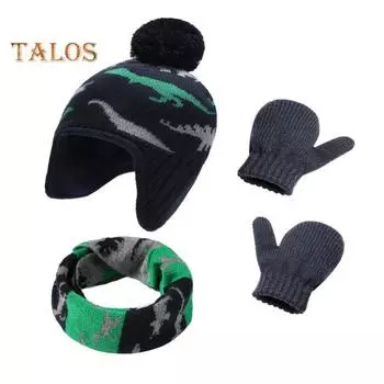 3 шт./комплект, детские перчатки для шапки и шеи, утолщенные вязаные с принтом, нескользящие, сохраняющие тепло, ветрозащитные, сохраняющие тепло, для девочек и мальчиков, перчатки для шарфа на открытом воздухе темно-серого