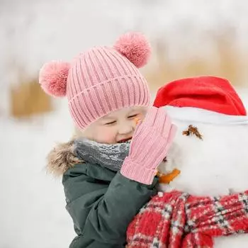 3 шт./комплект детский шапка шарф перчатки комплект утолщенный плюшевый вязаный нескользящий меховой мяч декор ветрозащитный сохраняющий тепло для девочек мальчиков на открытом воздухе N белый