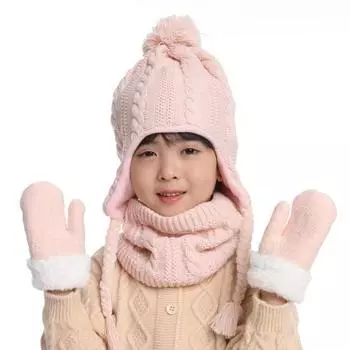 3 шт./комплект детский шапка шарф перчатки набор утолщенный плюшевый мяч декор скрученная текстура светло-фиолетовый