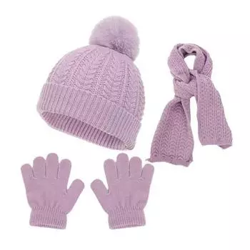 3 шт./комплект детский шапка шарф перчатки комплект утолщенный плюшевый мяч декор вязаный двухслойный фиолетовый