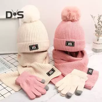 3 шт./комплект детский шапка шарф перчатки комплект утолщенный плюшевый мяч декор вязаный удерживающий тепло ветрозащитный сохраняющий тепло перчатки для девочек и мальчиков открытый шейный платок перчатки серый