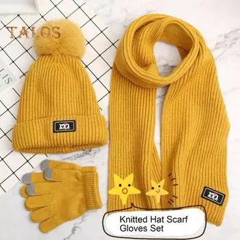 3 шт./комплект детский шапка шарф перчатки комплект утолщенный плюшевый мяч декор вязаный удерживающий тепло ветрозащитный сохраняющий тепло перчатки для девочек и мальчиков открытый шейный платок перчатки темно-синий