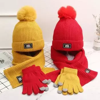 3 шт./комплект детский шапка шарф перчатки комплект утолщенный плюшевый мяч декор вязаный теплый чёрный