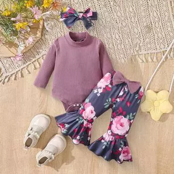 3 шт./комплект детский топ брюки повязка на голову костюм для 0-24 месяцев цветочный принт расклешенные брюки высокий воротник трикотажный боди бант повязка на голову фото реквизит 90 cm фиолетовый