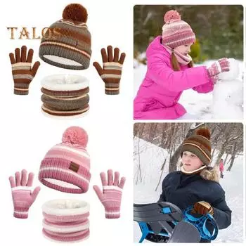 3 шт./комплект для детей, шапка, шарф, перчатки, утолщенный плюшевый мяч, декорированный в соответствии с цветом, вязаный, сохраняющий тепло, ветрозащитный, сохраняющий тепло, перчатки для улицы для девочек и мальчиков зелёный