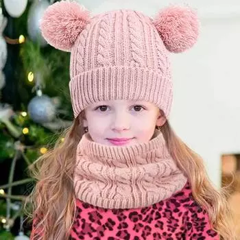 3 шт./комплект для детей, шапка, шарф, перчатки, утолщенный плюшевый вязаный нескользящий меховой мяч, декоративный ветрозащитный, сохраняющий тепло, перчатки для защиты шеи для девочек и мальчиков розы красного