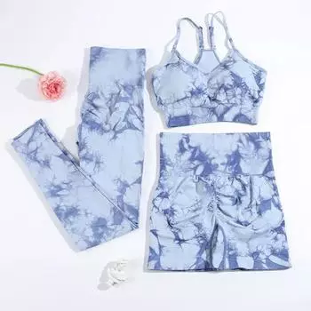 3 шт., комплект для йоги Tie Dye, бесшовный спортивный костюм для женщин, эластичный спортивный костюм для спортзала и фитнеса, спортивная одежда для бега на открытом воздухе S чёрный