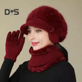 3 шт./комплект для женщин среднего возраста, зимняя шапка-шарф, перчатки, комплект, толстая вязаная шапка для защиты ушей, перчатки, эластичные ветрозащитные перчатки для мамы, зимняя на открытом воздухе, для езды на велосипеде светло-фиолетовый