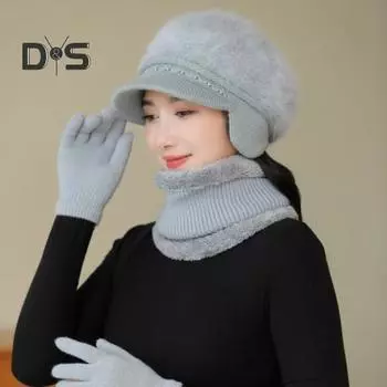 3 шт./комплект для женщин среднего возраста, зимняя шапка, шарф, перчатки, комплект, толстая трикотажная шапка для защиты ушей, перчатки, эластичные ветрозащитные перчатки для матери, зимняя куртка для езды на велосипеде пурпурно красный