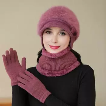 3 шт./комплект для женщин среднего возраста, зимняя шапка, шарф, перчатки, комплект, толстая вязаная шапка для защиты ушей хаки