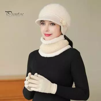 3 шт./комплект для женщин среднего возраста, зимняя шапка-шарф, перчатки, комплект, толстая вязаная шапка для защиты ушей, перчатки, эластичные ветрозащитные перчатки для мамы, зимняя на открытом воздухе, для езды на велосипеде пурпурно красный