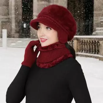 3 шт./комплект для женщин среднего возраста, зимняя шапка, шарф, перчатки, комплект, толстая трикотажная защита ушей хаки