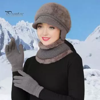 3 шт./комплект для женщин среднего возраста, зимняя шапка, шарф, перчатки, комплект, толстая трикотажная шапка для защиты ушей, перчатки, эластичные ветрозащитные перчатки для матери, зимняя куртка для езды на велосипеде серый