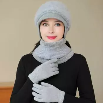 3 шт./комплект для женщин среднего возраста, зимняя шапка, шарф, перчатки, комплект, толстая вязаная защита ушей фиолетовый/красный