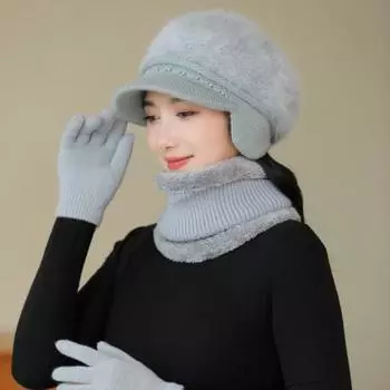 3 шт./комплект для женщин среднего возраста, зимняя шапка, шарф, перчатки, комплект, толстая трикотажная шапка для защиты ушей, перчатки, эластичные, ветрозащитные, для мамы, зимняя, для езды на велосипеде пурпурно красный