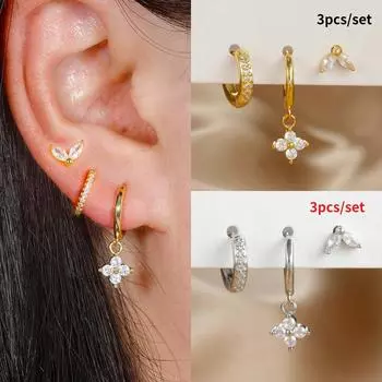 3 шт./комплект Изысканные серьги-гвоздики из зеленого циркония для женщин Серьги-гвоздики в виде цветка Украшения для пирсинга хряща золотой