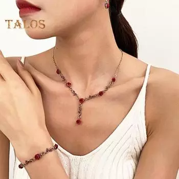 3 шт./комплект комплект украшений с красными розами, цветочная тема, романтика, винтажный французский стиль, подарок на День святого Валентина, День матери, серьги, регулируемое ожерелье со стразами 3pcs