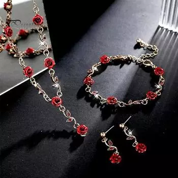 3 шт./комплект комплект украшений с красными розами, цветочная тема, романтика, винтажный французский стиль, подарок на День святого Валентина, День матери, серьги, регулируемое ожерелье со стразами 3pcs